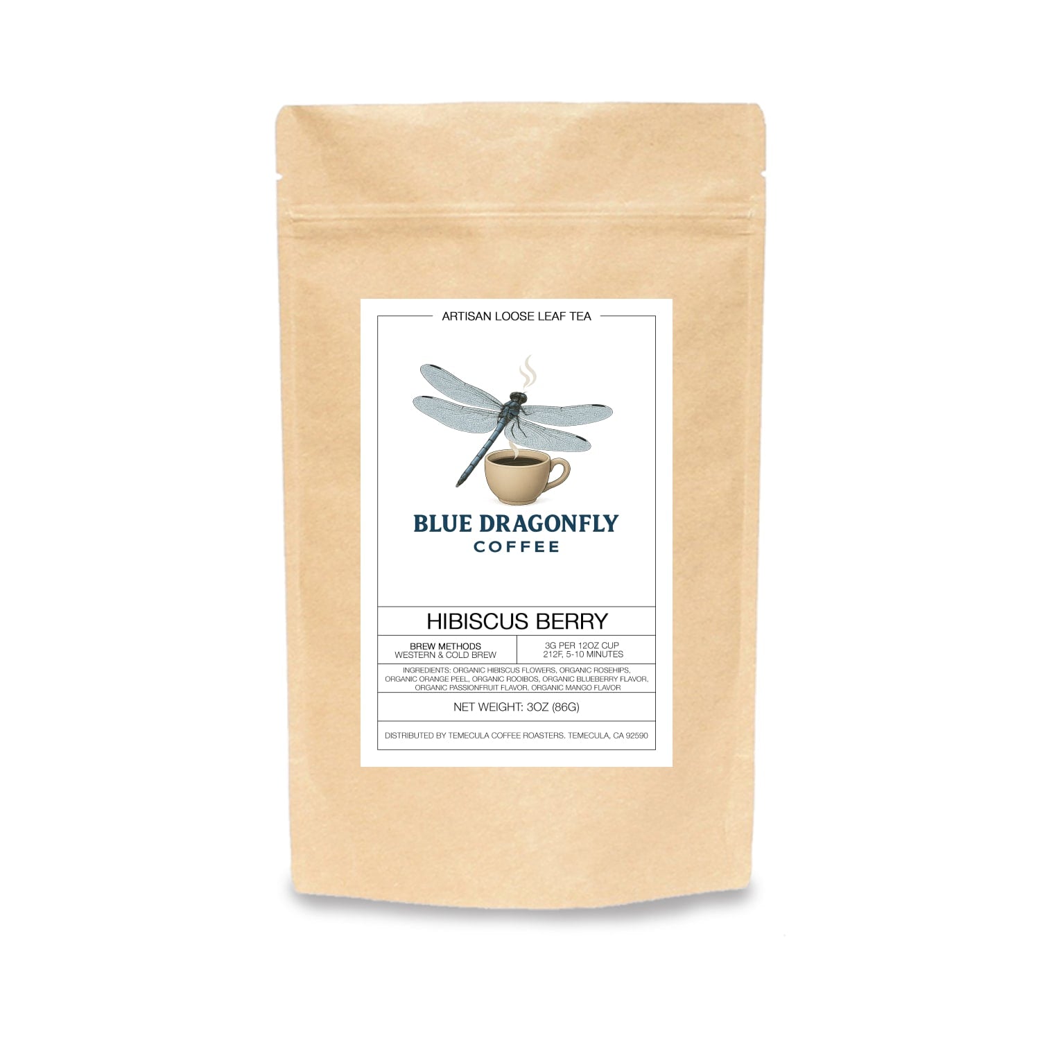 Kraft paper coffee package with a label featuring a dragonfly and coffee cup design on a white background.
